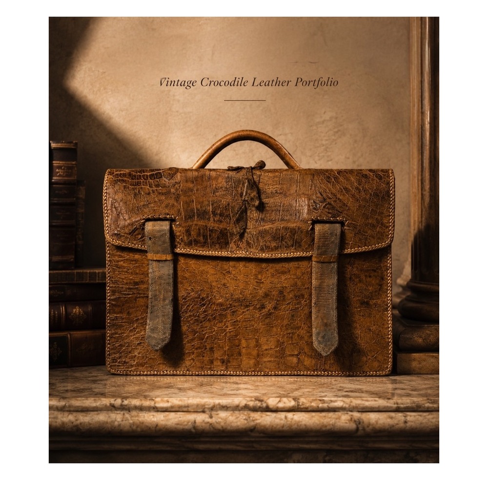 Vintage Alligator Crocodile Skin Briefcase Brown Exotic Leather‎ Lizard Trim